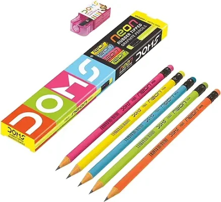 2. DOMS Neon Rubber Tipped HB/2 Graphite Pencils Box Pack