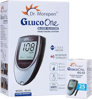 7. DR. MOREPEN GlucoOne Blood Glucose Monitor Model BG 03 with 25 Strips