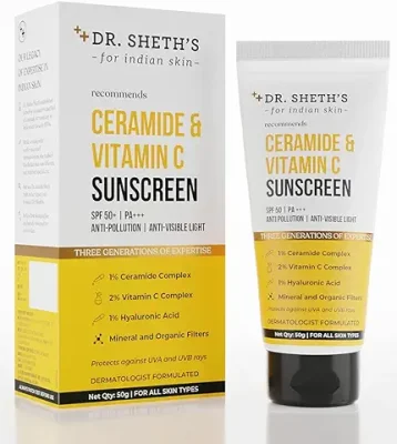 8. Dr. Sheth's Ceramide & Vitamin C Sunscreen SPF 50+ PA+++ | For Deep Moisturization | Non-Greasy, Quick-Absorbing | Zero White Cast | For Women & Men | UVA UVB Sun Protection | 50g
