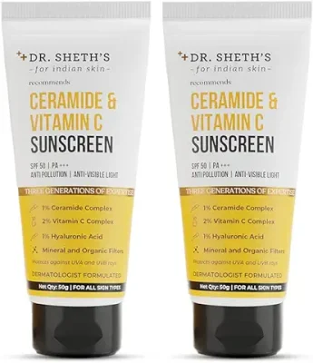 14. Dr. Sheth's Sunscreen SPF 50 Cream with Ceramide & Vitamin C for Oily, Sensitive, Dry Skin | For Intense Hydration | Non Greasy, Quick Absorbing | Zero White Cast | PA+++ | Pack of 2 | 100g