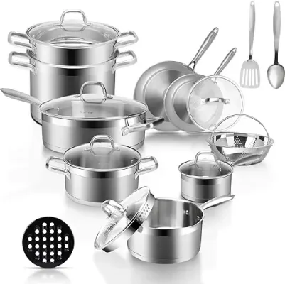 Mueller Pots and Pans Set 17-Piece Ultra-Clad Pro Stainless Steel Cookware  Set Ergonomic EverCool Handle Includes Saucepans