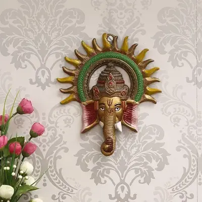 8. eCraftIndia Colorful Lord Ganesha Face Idol With Sun Metal Wall Hanging Sculpture Decorative Religious Showpiece For Home Wall Decor