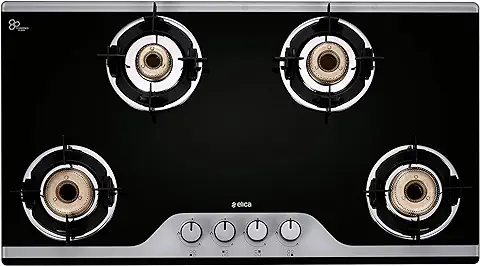 8. Elica Slimmest 4 Burner Auto Ignition Gas Stove with Double Drip Tray and Forged Brass Burners (904 CT VETRO 2J (TKN Crown DT AI))