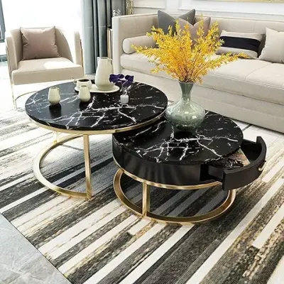 12. ETILAN Laminated Marble Round Coffee Table, Modern Set of 2 Nesting Table Luxury Sofa Center Table with Wooden Drawer Gold Metal Frame for Home & Office (Golden White - Black)
