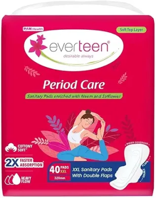 3. everteen Period Care XXL Soft Neem-Safflower Sanitary Pads for Women - 40 Pads, Rash Free, Anti Tan, Skin Friendly, Double Wing Shape, Advanced Leak Protection, XX Large, 320mm - 1 Pack (40 Pads)