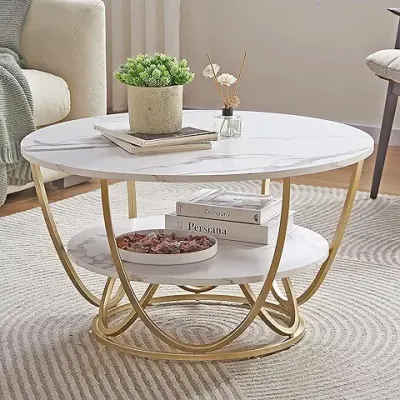 15. Expressow Modern Round Coffee Table with Storage Shelf - Golden White, Metal and MDF Construction, Laminated Mica Finish - Stylish Centerpiece for Living Room Décor