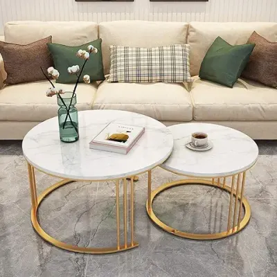 3. Expressow Round Side Tables, Modern Coffee Table with Marble Laminated Top, 2 Nesting Table Set with Storage Open Shelf for Living Room Modern Minimalist Style Furniture (Gold & White)