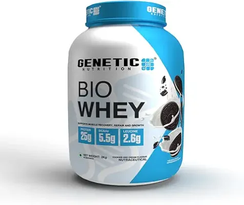 8. Genetic Nutrition Bio Whey Protein Powder | 25g Protein, 5.5g BCAAs,2.6 g Leucine per serving | Grass Fed Whey Protein Supplement for Muscle Recovery, Repair and Growth - Cookies and Cream, 2 KG (4.4 lbs)