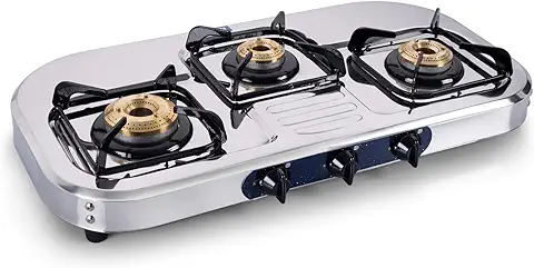 13. Glen 3 High Flame Brass Burners LPG Gas Stoves | Stainless Steel Top | Manual Ignition | ISI Certified| Fixed Stainless Steel Drip Trays | Anti-Skid Feet | Ergonomic Knobs | 360 Degree Revolving Nozzle | 2 Year Warranty | 1037 SS HF BB
