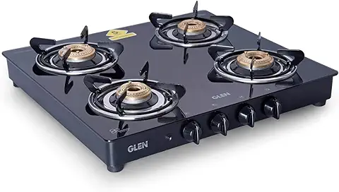 4. Glen 4 Burner LPG Glass Gas Stove with Brass Burner, Auto Ignition, Black (CT4B55BLBBAI)
