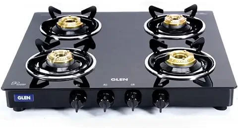 10. Glen 4 Burner Toughened Glass Top | LPG Gas Stoves | Fuel Efficient Brass Burners | Black | Manual Ignition | ISI Certified| Fixed Stainless Steel Drip Trays | Anti-Skid Feet | Ergonomic Knobs | 360 Degree Revolving Nozzle | 2 Year Warranty | 1043 GT BB BL