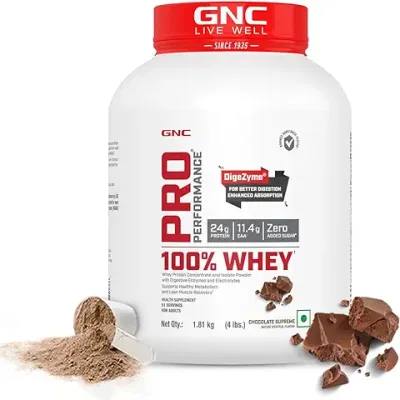 15. GNC Pro Performance 100% Whey Protein | 4 lbs | Muscle Growth | Muscle Recovery | DigeZyme® For Easy Digestion | Informed Choice Certified | 24g Protein | 5.5g BCAA | Chocolate Supreme