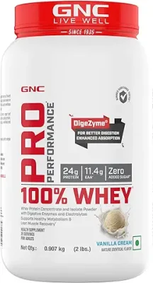 15. GNC Pro Performance 100% Whey Protein Powder | 2 lbs | Builds Lean Muscles | Speeds Up Muscle Recovery | DigeZyme® For Easy Digestion | 24g Protein | 5.5g BCAA | Vanilla Cream | Formulated in USA