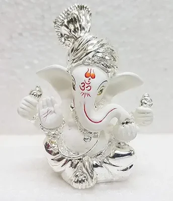 20. Gold Art India Ceramic Pagdi Ganesha Idol, 6x4x3cm, Silver