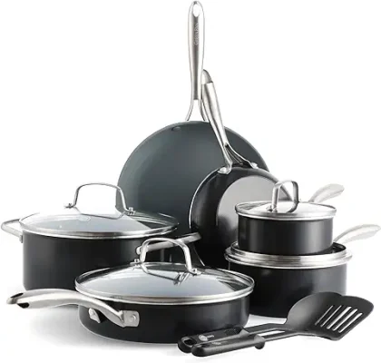3. GreenPan Swift Healthy Ceramic Nonstick, 12 Piece Cookware Pots and Pans Set, Stainless Steel Handles, PFAS-Free, Dishwasher Safe, Oven Safe, Black