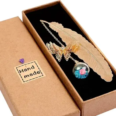7. HASTHIP® Metal Feather Bookmark with Glass Beads Pendant