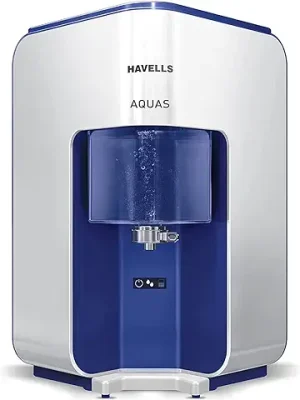 1. Havells AQUAS Water Purifier (White and Blue), RO+UF, Copper+Zinc+Minerals, 5 stage Purification, 7L Tank, Suitable for Borwell, Tanker & Municipal Water