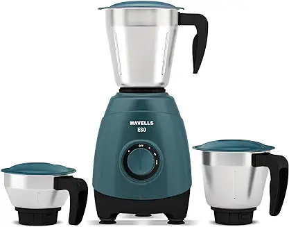 10. Havells ESO 750W 3 JAR Mixer Grinder, 304 SS Blades, High Speed 21000 RPM motor, Heavy and Wider mouth SS Jars, All Jars with Handle, 2 Year Product & 5 Year Motor Warranty (Teal)