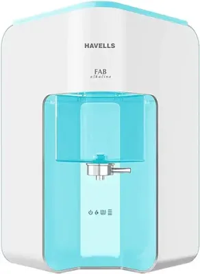 4. Havells Fab Alkaline Water Purifier (White & Sky Blue), RO+UV+Alkaline, Filter Alert, Copper+Zinc+Minerals, 7 Stage Purification, 7L Tank, Suitable for Borwell, Tanker & Municipal Water