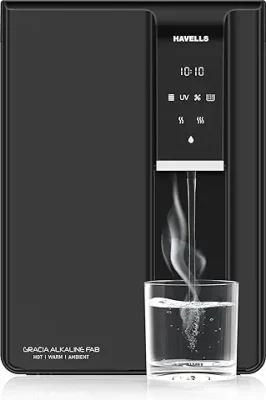 2. Havells Gracia FAB Alkaline Water Purifier (Black), RO+UV+Alkaline, Hot, Warm & Ambient Water, Copper+Zinc+Minerals, 8 Stage Purification, 6.5L SS Tank, Suitable for Borwell, Tanker & Municipal Water