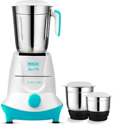 13. INALSA Mixer Grinder Jazz Pro -550W with 3 Stainless Steel Jars| 30 Min Motor Rating| Robust Nylon Coupler | Overload Protection| ISI Certified| 2 Year Warranty