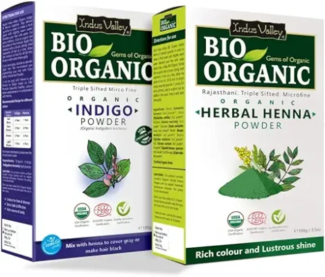 2. INDUS VALLEY Bio Organic 100% Pure and Natural Indigo Powder and Herbal Henna Powder Combo