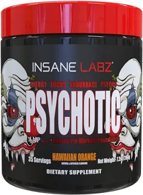 9. Insane Labz Psychotic, High Stimulant Pre Workout Powder, Extreme Lasting Energy, Focus And Endurance With Beta Alanine, Creatine Monohydrate Dmae, 35 Srvgs (Hawaiian Orange),Pack of 1
