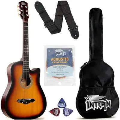 3. Intern INT-38C-SB Linden Wood Cutaway Right Handed Acoustic Guitar Kit, With Bag, Strings, Pick And Strap (Sunburst, 6 Strings)