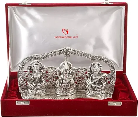 4. INTERNATIONAL GIFT® Silver Plated Laxmi Ganesh Saraswati GodIdol
