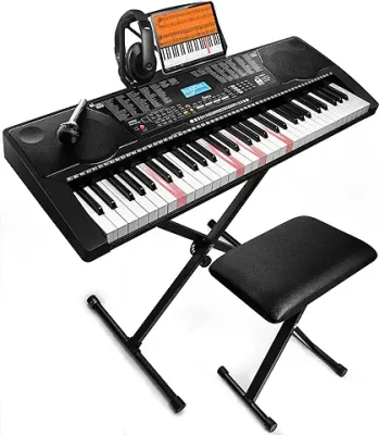 10. JIKADA 61 Key Portable Electronic Keyboard Piano w/Lighted Full Size Keys,LCD,Headphones,X-Stand,Stool,Music Rest,Microphone,Note Stickers,Built-In Speakers,3 Teaching Modes,Ideal for Beginner Adult