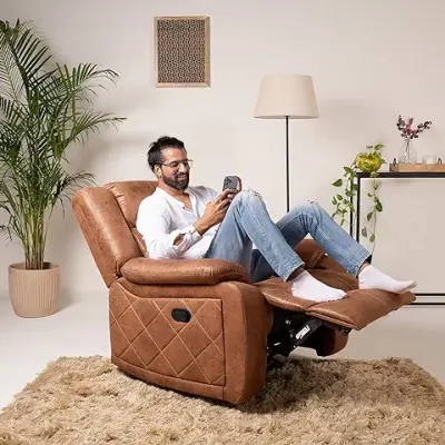 JORDYBLUE Single Seater Manual Rocking Revolving Recliner Sofa | Solid Wood | 1 Year Warranty | Recliner for Living Room Bedroom & Home Office (Marvin, Tan)