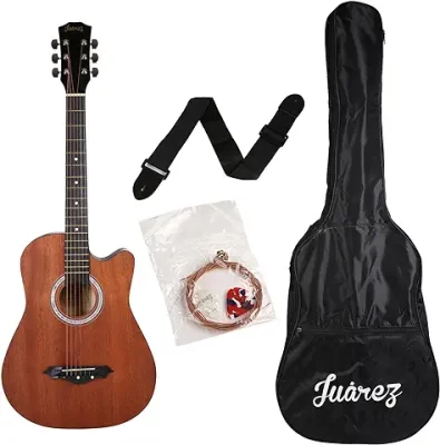 4. JUAREZ JRZ38C/MAH 6 Strings Acoustic Guitar 38 Inch Cutaway, Right Handed, Mahogany with Bag, Strings, Picks and Strap