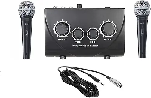 13. kh Portable Karaoke System Sound Echo Mixer Set with 2 Dynamic Microphone for Karaoke Tv Pc Amplifier Speaker Smartphone Mini Music Setup Enjoy Singing (Wired Mike) Multicolor