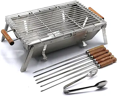 11. KWIKLANDER® - Compact Portable Foldable Stainless Steel Tandoor Charcoal Barbeque BBQ Grill Set with 6 Skewers, Tongs, Bag, Charcoal Tray + Top Cooking Grate For Home Outdoor Garden (44 X 28 cm)