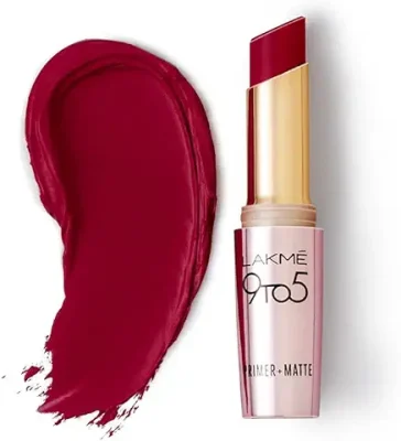 13. Lakme 9 To 5 Primer + Matte Lipstick, Matte Finish, Lightweight Lipstick, Lasts For 16Hrs, Nourishes Lips & Great For Daily Use, Burgundy Passion, 3.6g