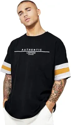 3. LEOTUDE Men's Cottoblend Half Sleeve Printed Oversized Drop Shoulder T-Shirt (Black Color)