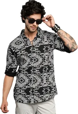 9. LEWEL Men's Stylish Tribal Printed Full Sleeve Knitted Shirt Black