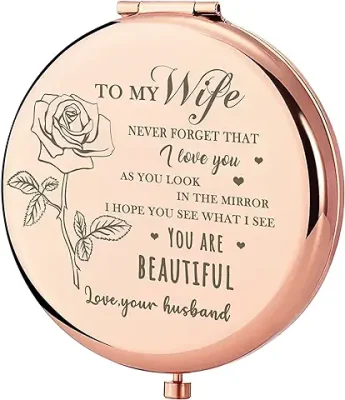 11. Lewis Gift for Wife - Beautiful Wife Gift Alloy Steel Rose Gold Compact Round Palm Fitting Mirror, Birthday Gifts for Women, Wedding Anniversary, Valentines Day, Mothers Day for Wife