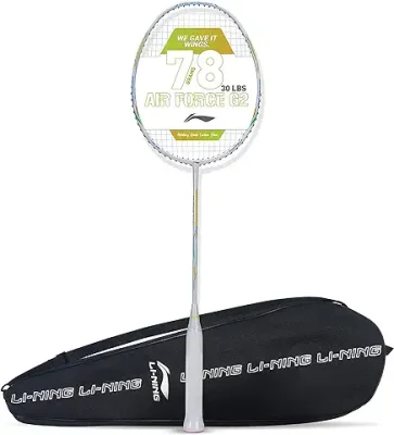 6. Li-Ning Air Force 78 G2 Carbon Fiber Strung Badminton Racket with Free Full Cover(White/Gold,Pack of 1)