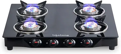 12. Lifelong Glass Top Gas Stove, 4 Burner Gas Stove, Black (ISI Certified,1 year warranty with Doorstep Service)