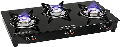 5. Lifelong LLGS18 Glass Top 3 Burner Gas Stove, Manual Ignition, LPG Compatible, Black (ISI Certified, Door Step Service, 1 Year Warranty)