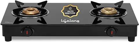 1. Lifelong LLGS912 Automatic Ignition 2 Burner Gas Stove with 6mm Toughened Glass Top, Automatic Ignition (Doorstep Service, 1 Year Warranty, Black) - Auto Ignition
