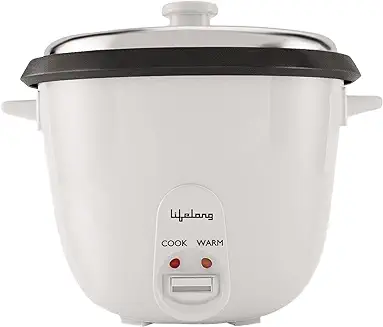 6. Lifelong LLRC02 Electric Rice Cooker 1.8 Litres|700 watt| Aluminium Cooking Pan| One Touch Operation & Keep Warm Function| Cool Touch Outer Body (White)