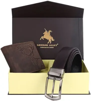 1. LONDON ALLEY ELK Vintage Brown Leather Wallet & Black/Brown Reversible Belt Combo Gift Box for Men