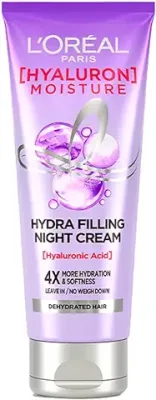 10. L'Oreal Paris Filling Night Cream, Leave In Hair Cream with Hyaluronic Acid, For Dry & Dehydrated Hair, Adds Shine & bounce, Hyaluron Moisture 72H Hydra, 180ml