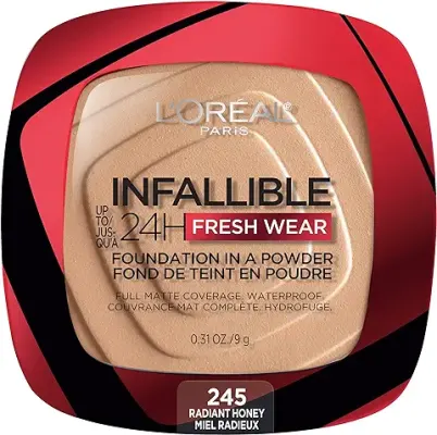 14. L'Oreal Paris Makeup Infallible Fresh Wear Foundation in a Powder, Up to 24H Wear, Waterproof, Radiant Honey, 0.31 oz.