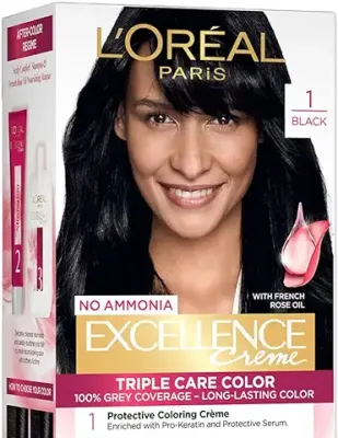 3. L'Oréal Paris Permanent Hair Colour, Radiant At-Home Hair Colour with up to 100% Grey Coverage, Pro-Keratin, Up to 8 Weeks of Colour, Excellence Crème, 1 Black, 72ml+100g