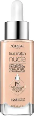 7. L'Oreal Paris True Match Nude Hyaluronic Tinted Serum Foundation with 1% Hyaluronic acid, Rosy Light 1-2.5, 1 fl. oz.