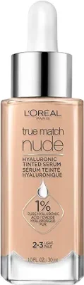 3. L'Oreal Paris True Match Nude Hyaluronic Tinted Serum Foundation with 1% Hyaluronic acid, Light 2-3, 1 fl. oz.