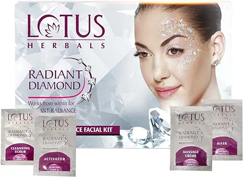 3. Lotus Herbals Radiant Diamond Facial Kit For Instant Radiance With Diamond Dust & Cinnamon, 4 Easy Steps, 37g (Single Use)